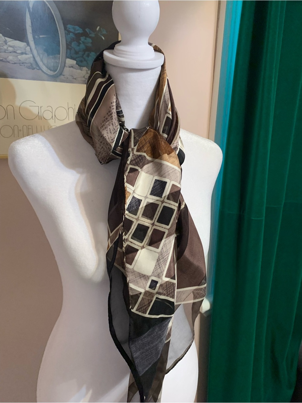 Halston Silk Brown & Cream classic Scarf old money quiet luxury